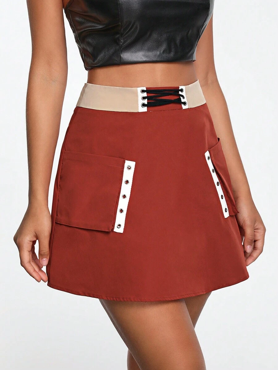 Zisun Designer Color Block High Waist Double Pocket Mini Elegant Skirt, For Summer, Holiday, Party, Vacation, New Year Eve, Festival - Red - View 1