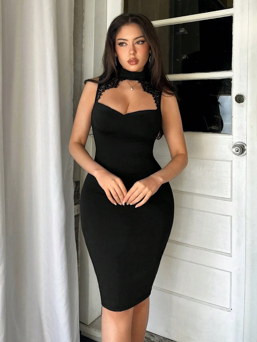 Firerie Wedding Daily Elegant Holiday Date Party INS Elegant Lace Bodycon Dress With Open Back For Summer Sexy Dress - Black - View 1