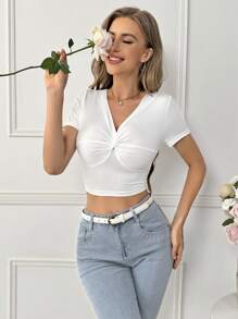 SHEIN Privé 女士短袖v領扭結前綁帶五顏六色修身t卹3件套 - 彩色 - 查看 1