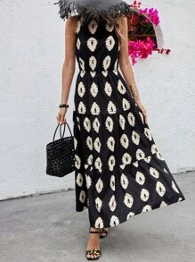 SHEIN VCAY 无袖印花束腰裹身连衣裙 - 黑色 - 查看 3