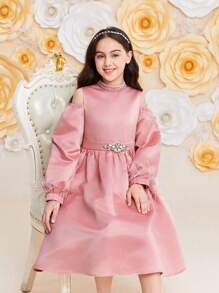 SHEIN Tween Girl Rhinestone Trim Stand Collar Cutout Shoulder Dress - Pink - View 5