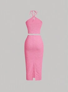 SHEIN MOD 净色吊带上衣和开衩大腿裙两件套 - 玫紅色 - 查看 2