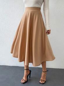 EURMUSE Solid Color Pleated A-Line Skirt - Beige - View 4