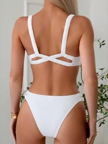 SHEIN Swim 女士纯色镂空两件套比基尼套装夏季海滩 - 白色 - 查看 5
