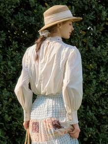 Simple Retro 女士刺繡花朵高領長袖襯衫 - 白色 - 查看 2