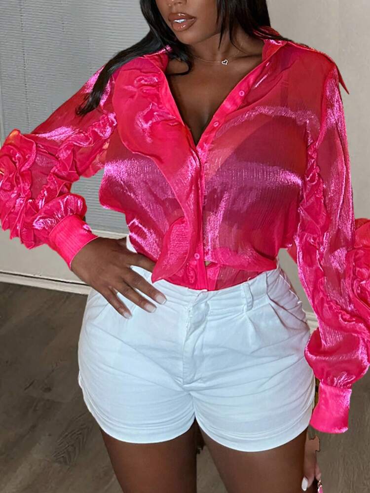 無地柄 ボタンフロント オルガンザ ブラなし トップス