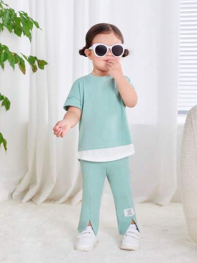 SHEIN Leap Crew 女婴针织简约休闲二合一拼色短袖上衣和开衩下摆裤套装