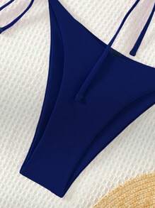 SHEIN Swim 纯色前结无线比基尼套装，抹胸式两件套泳衣泳装沙滩装夏季度假，夏季海滩 - 藏蓝色 - 查看 5
