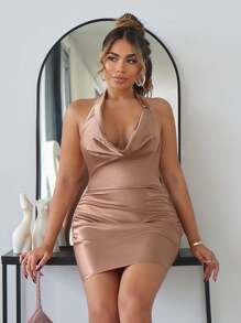 SHEIN SXY Party Champagne-Colored Short Elegant Ladies Dress With Satin Draped Neckline And Halter Design - Dusty Pink - View 5