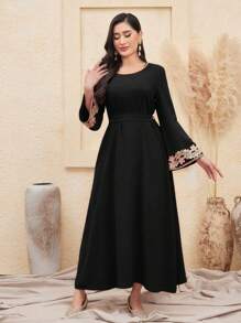 Al Najma Women's Embroidered Flare Sleeve A-Line Dress, Modest - Black - View 3