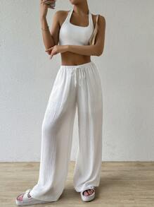 SHEIN EZwear Pantalones largos de mujer de unicolor con nudo a la cintura