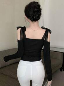 Dazy Designer 女士露肩设计长袖T恤，时尚感十足，除夕夜，露肩上衣，返校服，秋季女装 - 黑色 - 查看 5