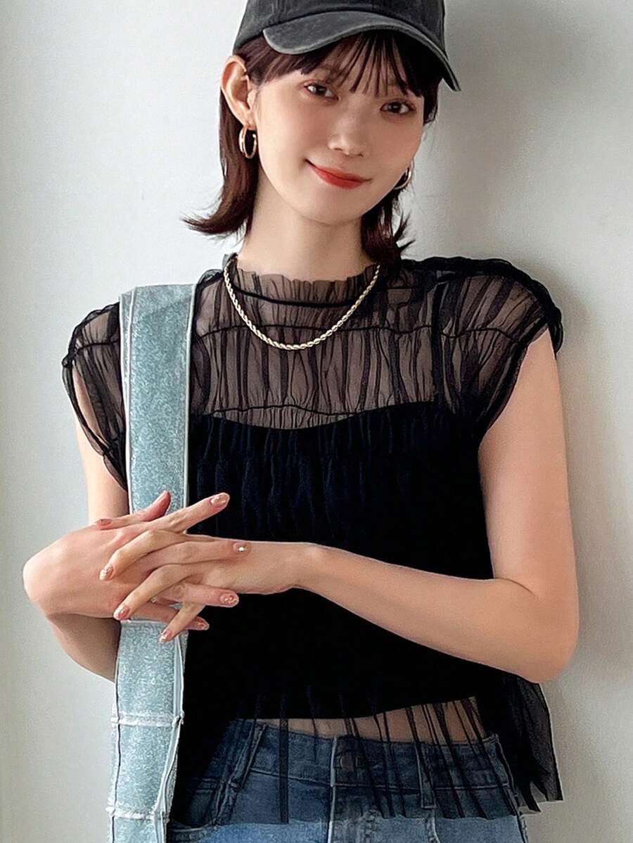 FRIFUL 女式泡泡袖透明网眼上衣夏季短款上衣女式外出上衣 - 黑色 - 查看 1