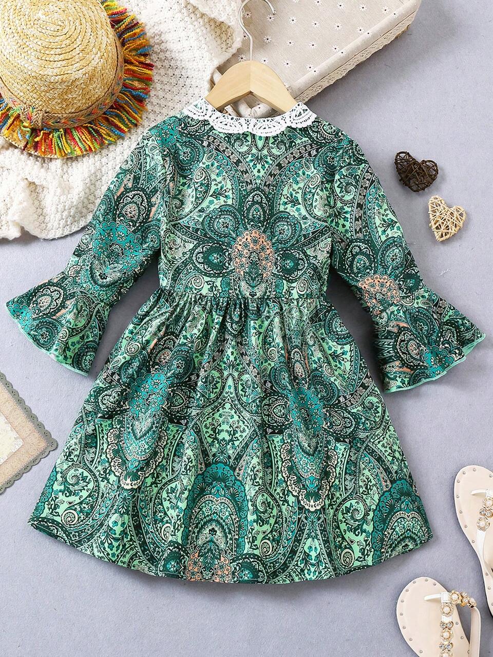 Young Girl Peplum Printed Lace Trimmed Bell Sleeve Dress