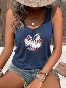 INAWLY Baseball And Heart Printed Casual Tank Top
