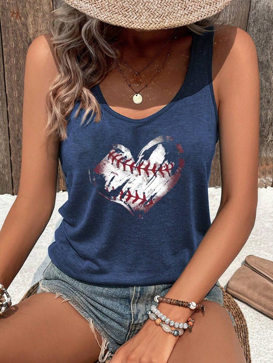 INAWLY Baseball And Heart Printed Casual Tank Top