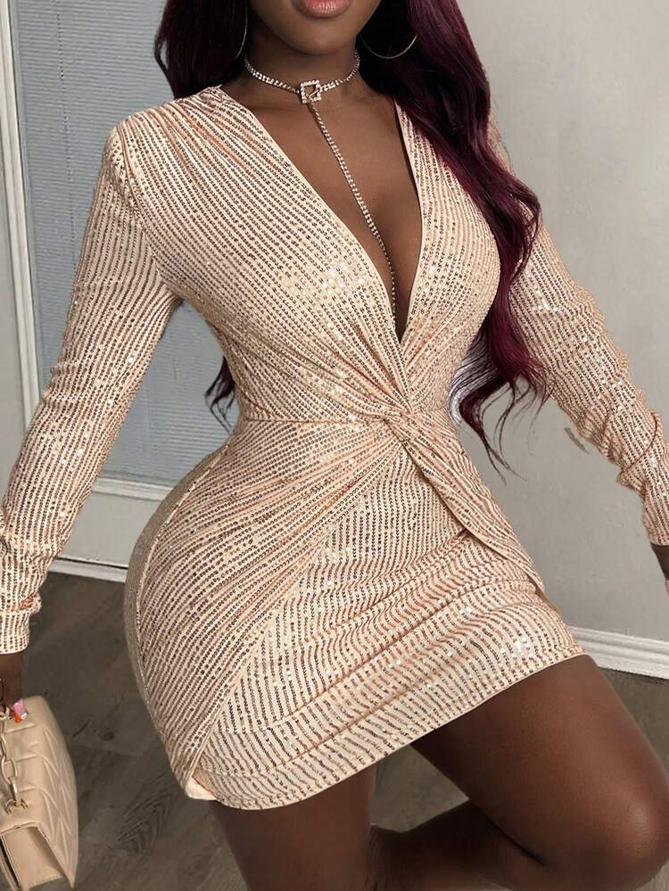 Elegant Party Deep V Long Sleeve Twist Apricot Sequin Mini Skirt Women's Bodycon Dress