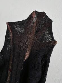 Chiquease 女士實色中空針織毛衣,長袖款 - 黑色 - 查看 6