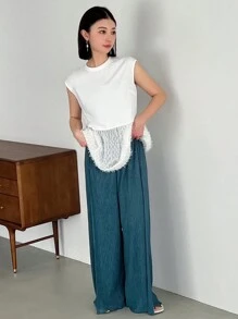 FRIFUL Solid Color Casual Pleated Wide Leg Pants Flowy Pants - Blue - View 2
