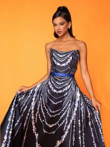 Women Elegant Beaded Print A-Line Cocktail Evening Dress