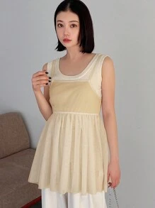 FRIFUL Solid Color Cinching Waist Ruffle Hem Camisole Top Tank Tops Babydoll Top - Apricot - View 3