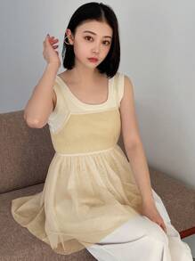 FRIFUL Solid Color Cinching Waist Ruffle Hem Camisole Top Tank Tops Babydoll Top - Apricot - View 4