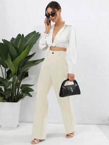 Women's Solid Color Pleated Loose Straight Casual Commuter Pants - Beige - View 5