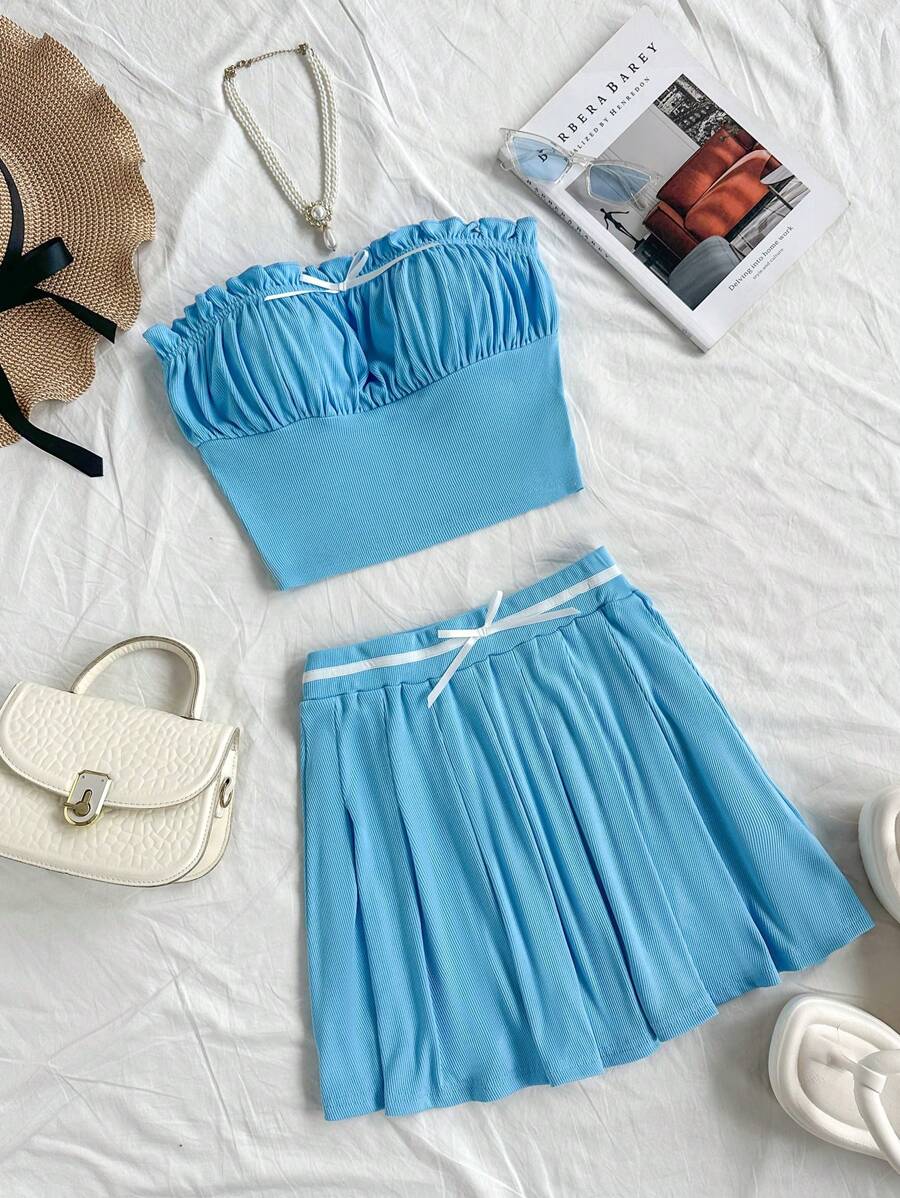 Soleia Conjunto De Top Sin Tirantes Y Falda Plisada - Azul - Ver 1