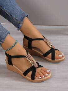 Women Bohemian Style Wedge Sandals, Suede Casual Vacation Wedge Shoes, Platform Non-Slip Slip-On Sandals, Fashion Versatile Wedge Pumps, Black High Heel/White