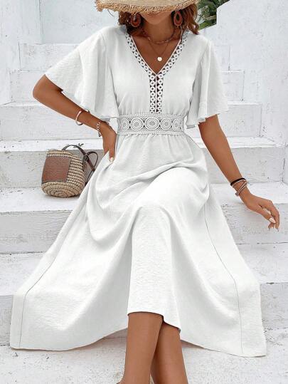 Breezaya 拼接水溶性蕾丝连衣裙，喇叭袖，束腰，超长度假海滩装，女款