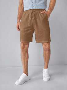 Manfinity VCAY 男士抽繩彈性腰口編織短褲,有口袋 - 棕色 - 查看 1