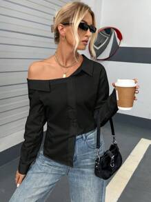 SHEIN Essnce Camisa De Mujer Con Botones Sólidos De Color Con Cuello Asimétrico