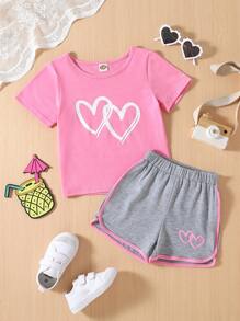 SHEIN 年輕女孩愛心印花t恤和對比邊緣短褲 - 彩色 - 查看 4