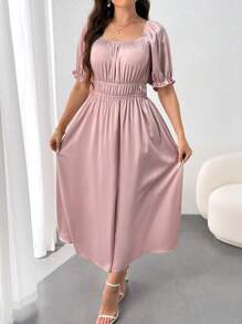 SHEIN Unity Plus Size Solid Color Square Neckline Short-Sleeve Waist Dress - Pink - View 3