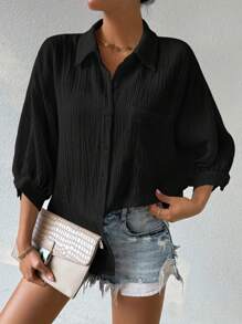 Calvaya Camisa De Manga Larga Abotonada unicolor Con Textura - Negro - Ver 4