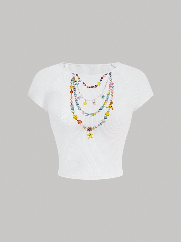 SHEIN Qutie Camiseta corta ajustada con estampado de collar casual