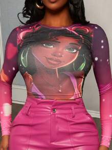 Slaydiva 女性印花修身短袖t恤,帶人物圖案 - 彩色 - 查看 1