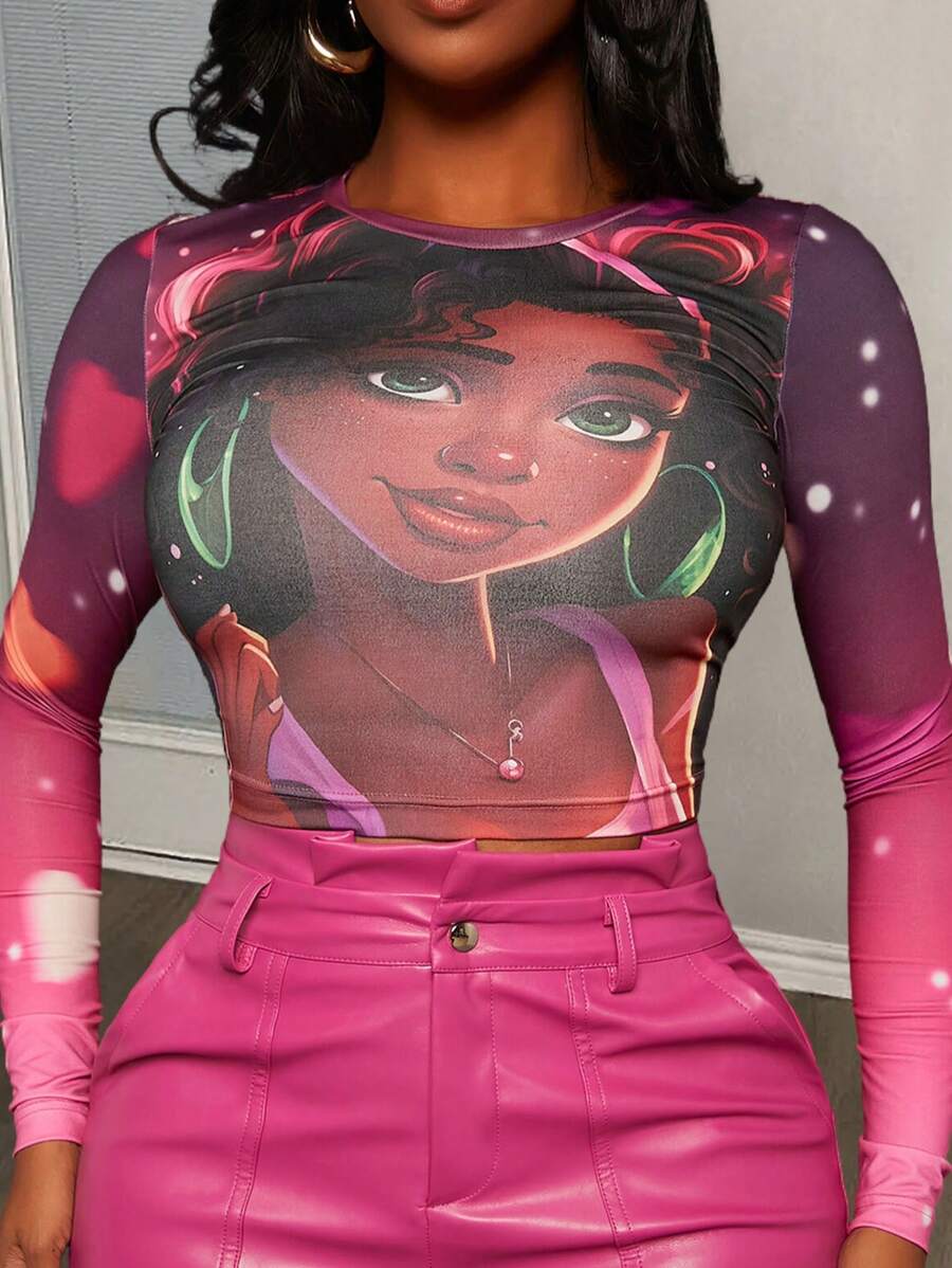 Slaydiva 女性印花修身短袖t恤,帶人物圖案 - 彩色 - 查看 1