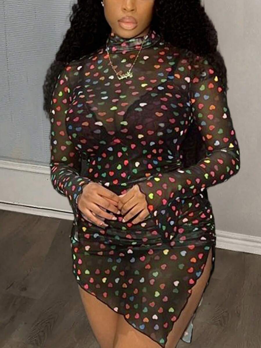 Slaydiva Pleated Heart Shaped High Neck Dress - Multicolor - View 1