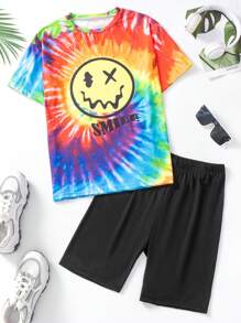 Teen Girl Cool Tie Dye Face Print Short Sleeve Top And Shorts Set - Multicolor - View 3