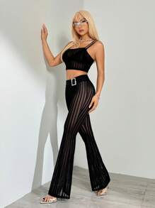 SHEIN ICON Y2k Slim Fit Sexy Stripe See-Through Cami Top And Flared Pants Two Pieces Set Kpop Style Going Out Sets Music Festival Festival Outfits