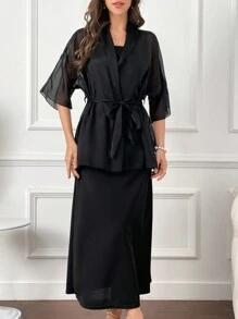 Modelyn Solid Color Casual Strapless Dress And Shawl Collar Coat - Black - View 3