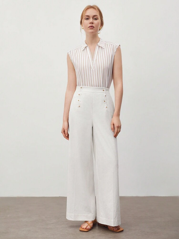 Solid Color Button Detail Flared Pants, Long