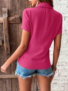 EMERY ROSE Plain Short Sleeve Casual Shirt - Hot Pink - View 2
