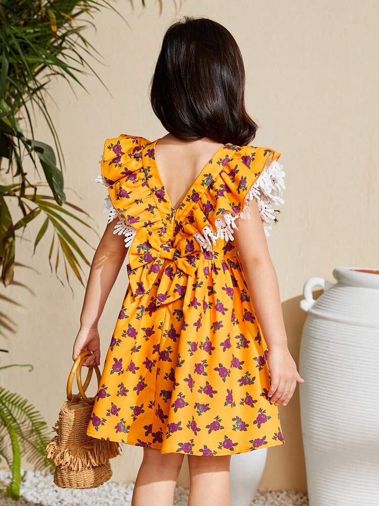 Young Girl's Woven Floral Print Ruffle Hem All-In-One Casual Vacation Dress