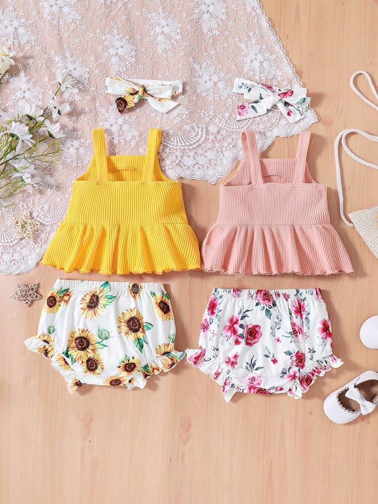 Baby Girls' Summer Knitted Plain Ruffle Hem Tank Top, Floral Pattern Shorts, Headband Set For Vacation