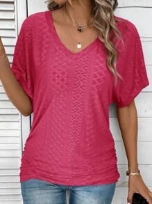 SHEIN LUNE Của phụ nữ Màu thuần Xu hướng: Cắt giảm Chi tiết thêu tay cánh Áo thun - Màu Hồng Tươi - Xem 3