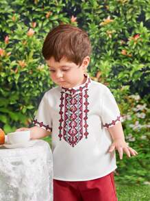 SHEIN 寶寶男童夏季假期幾何印花立領短袖上衣