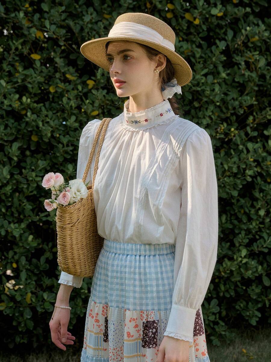 Simple Retro 女士刺繡花朵高領長袖襯衫 - 白色 - 查看 1