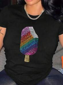 INAWLY Talla Grande Camiseta De Manga Corta Cuello Redondo Con Estampado De Paleta Y Diamantes De Imitación - Negro - Ver 1